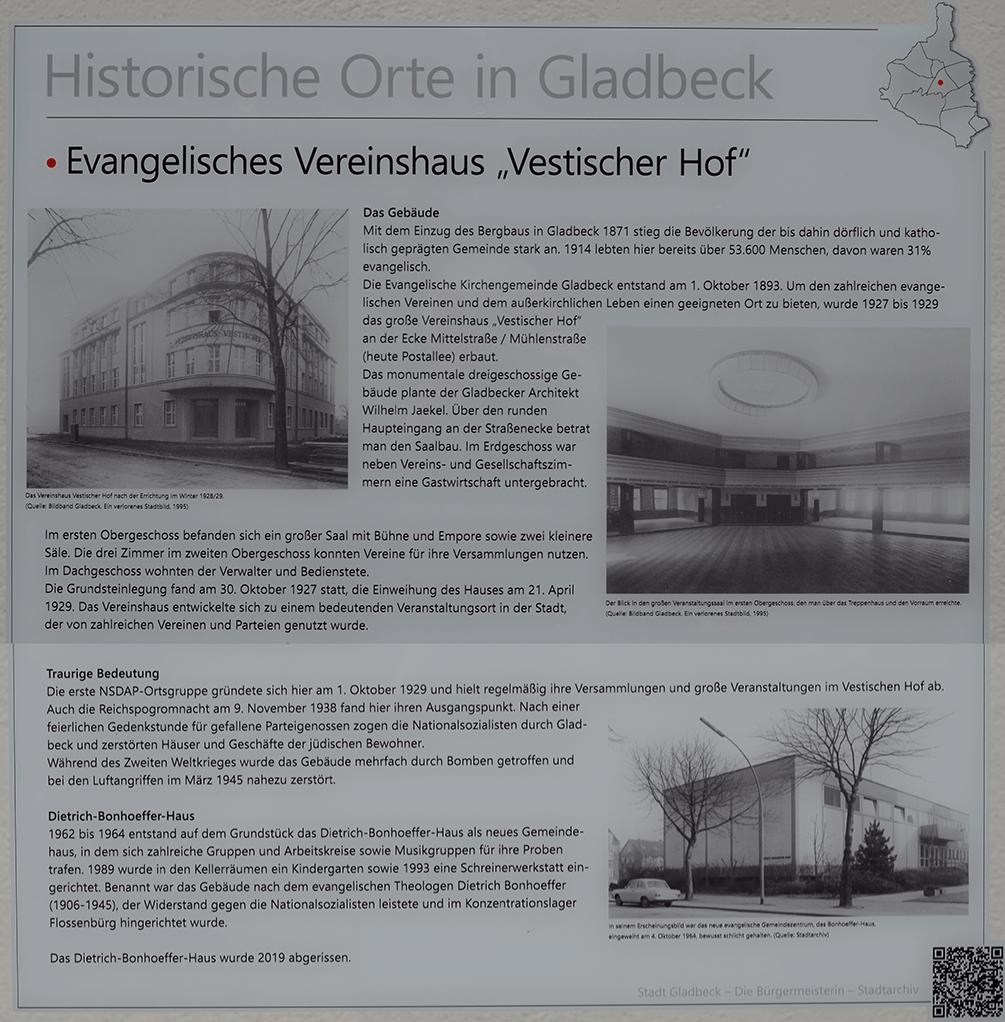 Gedenktafel "Evangelisches Vereinshaus 'Vestischer Hof'" an der Kindertagesstätte "Dietrich Bonhoeffer"